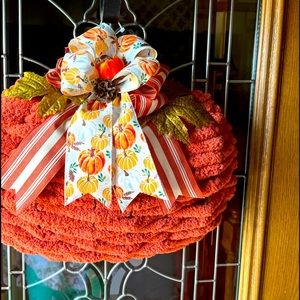 Fall wreath pumpkin door hanger. Handmade and one of a kind